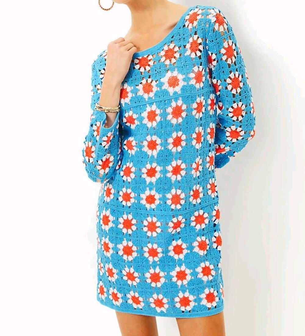 Lilly Pulitzer Miabella Crochet Dress XS Lunar Blue Floral Sweater Dress No Slip